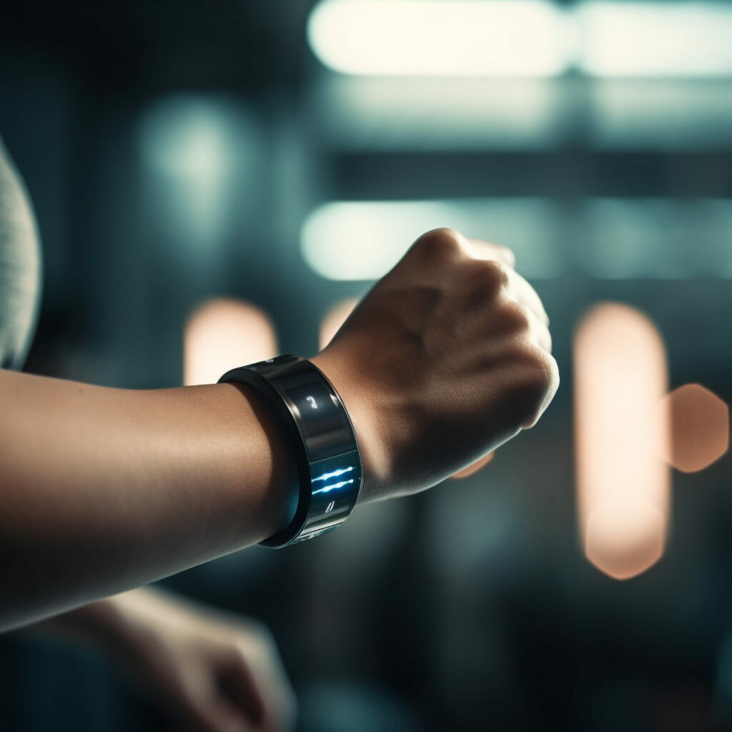 Un bras d'une personne portant une montre intelligente brillante pendant qu'elle fait de l'exercice en intérieur, avec un arrière-plan flou de lumières.