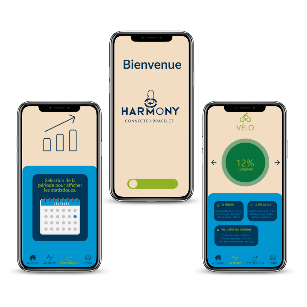 Cette image présente trois écrans d'une application mobile pour un bracelet connecté "Harmony". L'écran central affiche la page de bienvenue, tandis que l'écran gauche montre un module de sélection de statistiques, et l'écran droit fournit des détails sur une activité de vélo, incluant la durée, la distance et les calories brûlées. L'interface est simple et intuitive avec une barre de navigation en bas pour accéder aux différentes sections.