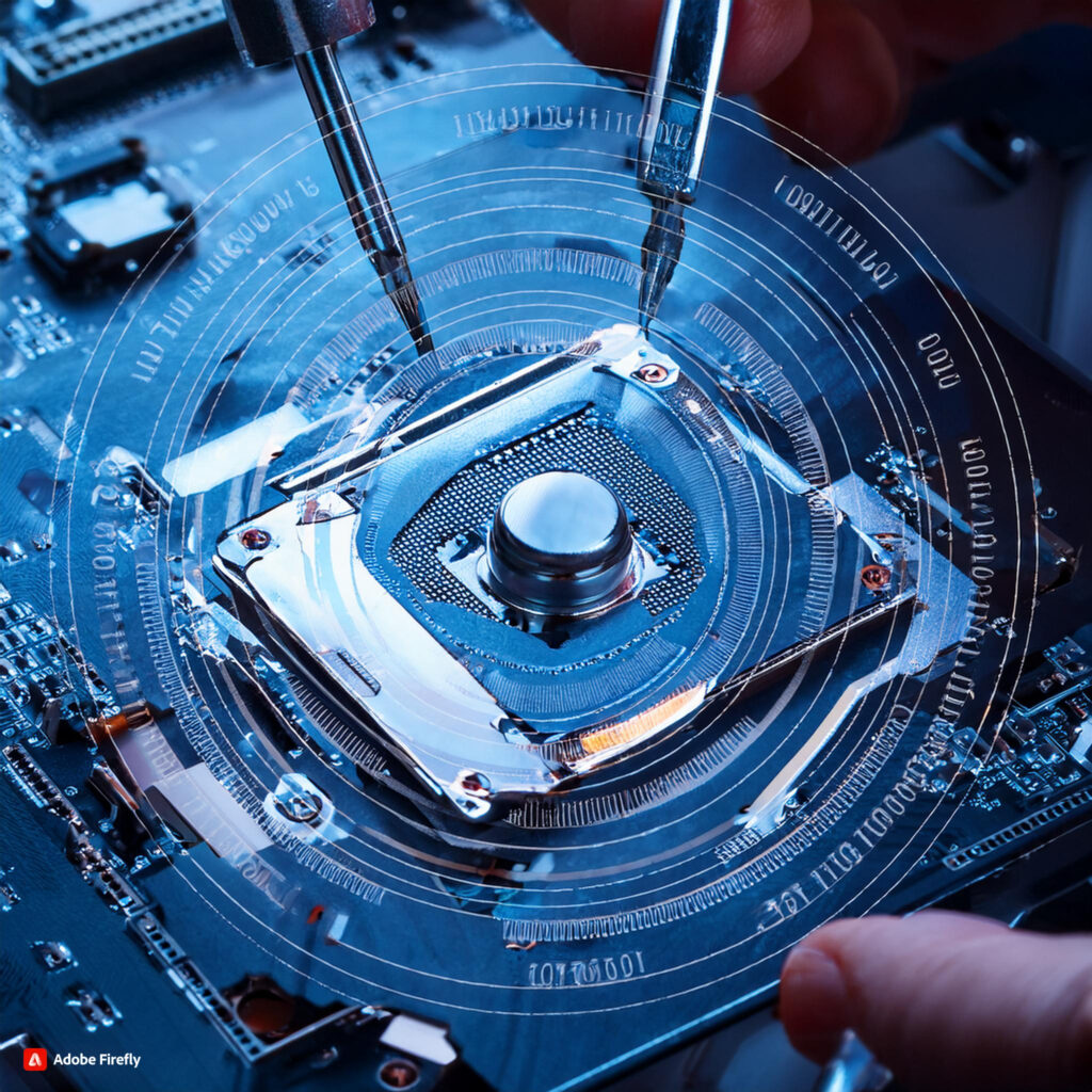 L'image représente une scène de réparation ou d'assemblage d'un composant électronique, probablement un processeur ou une puce sur une carte mère. On peut voir des mains tenant des outils pour manipuler ou fixer le composant sur le circuit imprimé, avec un effet visuel circulaire en surimpression qui évoque un processus technologique ou futuriste. Le composant semble être au centre de l'attention, entouré par des détails complexes du circuit électronique.