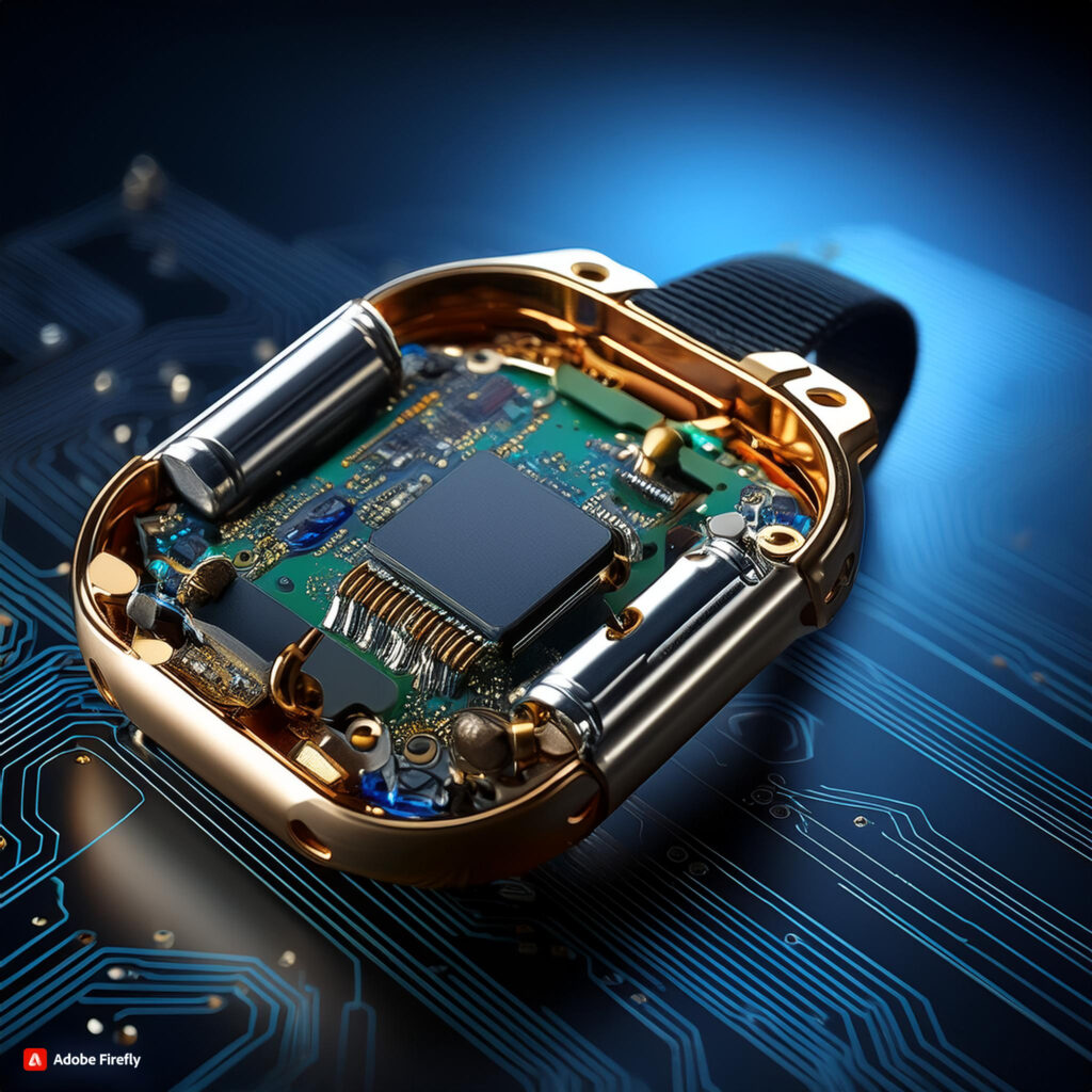 L'image montre l'intérieur détaillé d'un bracelet connecté ou d'une montre intelligente. On peut voir les composants électroniques internes, tels qu'une puce centrale, des circuits imprimés, des condensateurs, et d'autres éléments miniaturisés. Le boîtier en métal doré de l'appareil entoure ces composants, et l'ensemble repose sur un fond stylisé en forme de circuit imprimé bleu, ce qui évoque un thème technologique et futuriste.